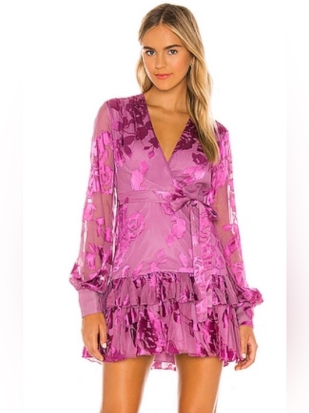 Alexis Emma Devoré Floral Burnout Mini Wrap Dress Pink Purple Silk Blend Size S
